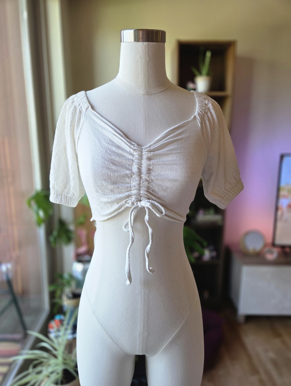 Roxy White Ruched Tie-Front Crop Top